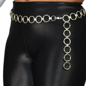 Metal Chain Belt Hoops Loops Circle O Ring Waist Silver Tone One Size Adjustable